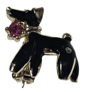 Vintage Black Enamel Terrier Dog Pin Brooch Pink Rhinestone Eye Fashion Jewelry